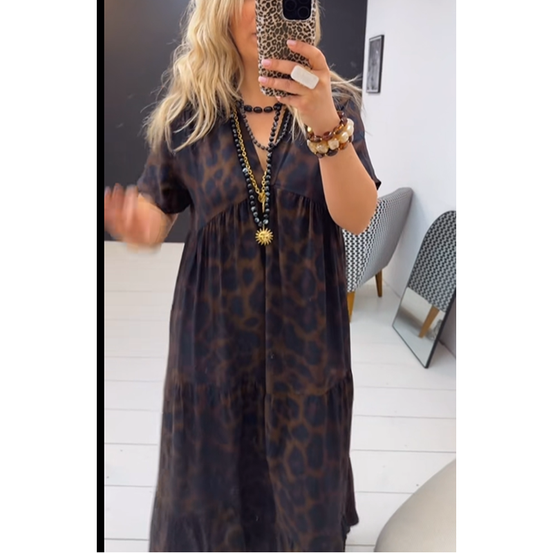 💎 -50% ON WOMEN'S V-NECK LEOPARD PRINT MAXI DRESS! 💎 Flowing Tiered Skirt. Flattering Waist & Short Sleeves ✨