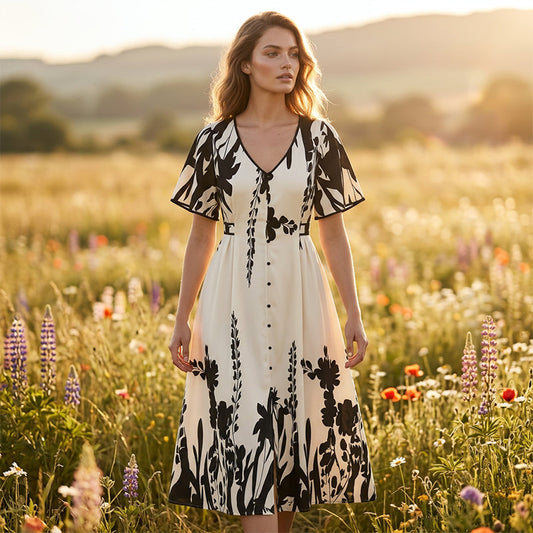 👗50% OFF NOW!🌸Women's Botanical Print Midi Dress – V-Neck. A-Line & Flutter Sleeves🌿