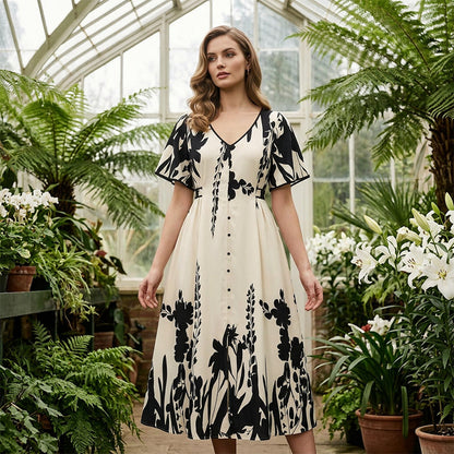 👗50% OFF NOW!🌸Women's Botanical Print Midi Dress – V-Neck. A-Line & Flutter Sleeves🌿