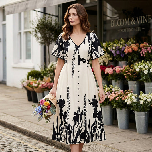 👗50% OFF NOW!🌸Women's Botanical Print Midi Dress – V-Neck. A-Line & Flutter Sleeves🌿