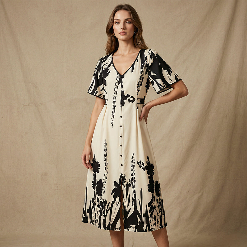 👗50% OFF NOW!🌸Women's Botanical Print Midi Dress – V-Neck. A-Line & Flutter Sleeves🌿