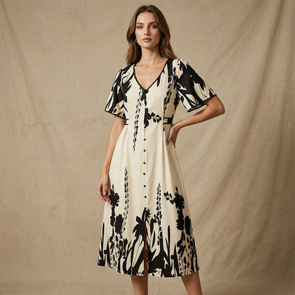 👗50% OFF NOW!🌸Women's Botanical Print Midi Dress – V-Neck. A-Line & Flutter Sleeves🌿