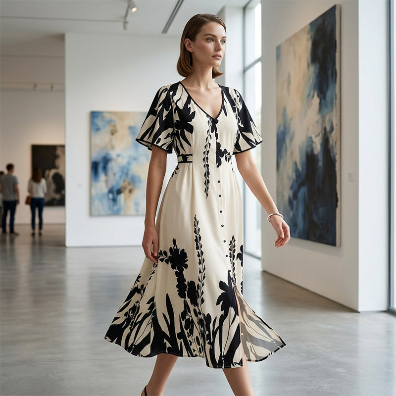 👗50% OFF NOW!🌸Women's Botanical Print Midi Dress – V-Neck. A-Line & Flutter Sleeves🌿