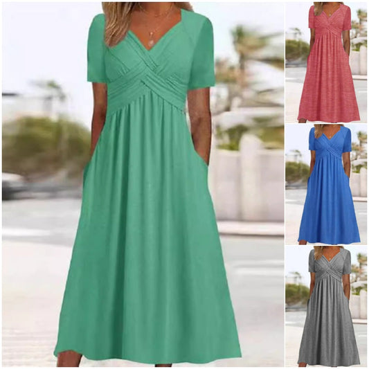 🍀LAST DAY SALE 50% OFF🍀Women's V-Neck Short Sleeve Long Dresses