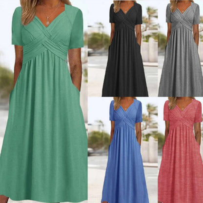 🍀LAST DAY SALE 50% OFF🍀Women's V-Neck Short Sleeve Long Dresses