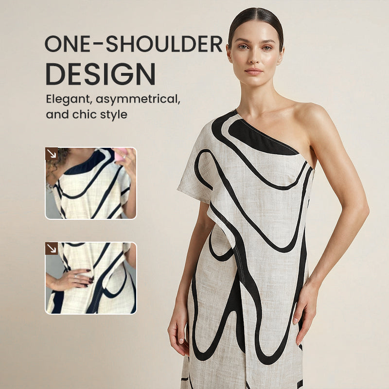 👗 50% OFF NOW! 🎨 Women's Abstract Print One-Shoulder Maxi Dress – Striking Elegance. Soft Fabric & Perfect for Summer Evenings 💃