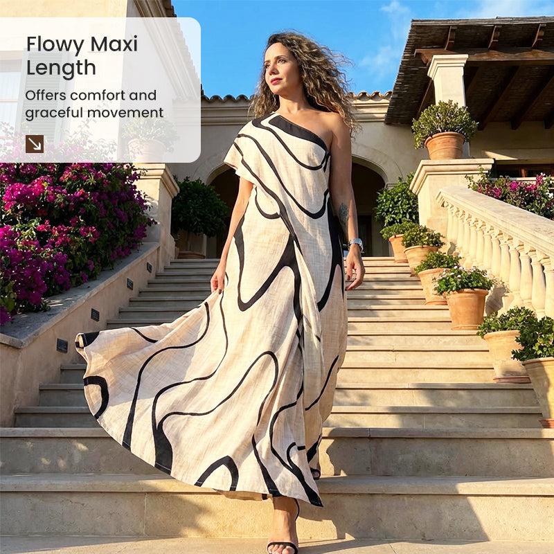 👗 50% OFF NOW! 🎨 Women's Abstract Print One-Shoulder Maxi Dress – Striking Elegance. Soft Fabric & Perfect for Summer Evenings 💃