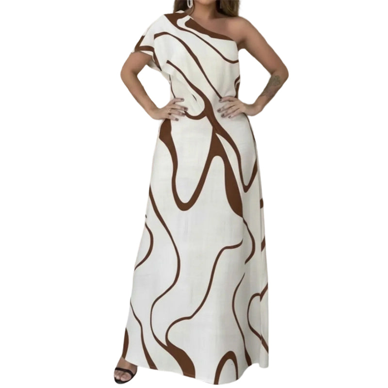 👗 50% OFF NOW! 🎨 Women's Abstract Print One-Shoulder Maxi Dress – Striking Elegance. Soft Fabric & Perfect for Summer Evenings 💃