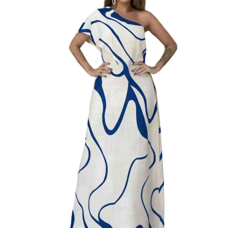 👗 50% OFF NOW! 🎨 Women's Abstract Print One-Shoulder Maxi Dress – Striking Elegance. Soft Fabric & Perfect for Summer Evenings 💃