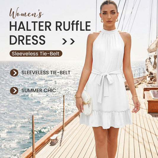 Sleeveless Halter Neck Ruffle Hem Dress