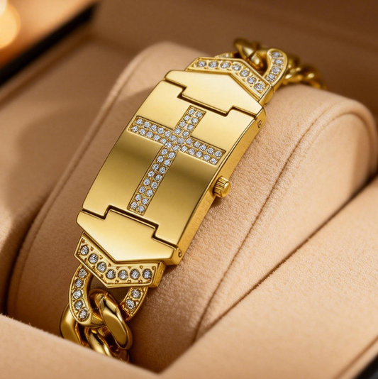 📢📢50% OFF !! ⏰Sparkling Crystal Cross Watch—Geometric Rectangular Dial. Premium Metal Strap💎